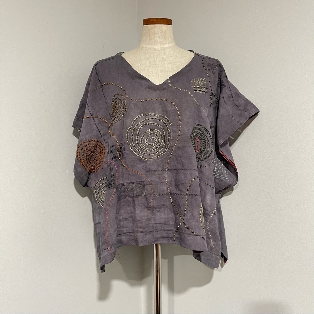 Handmade 100% Linen poncho top beadwork by Me wearable art size Medium